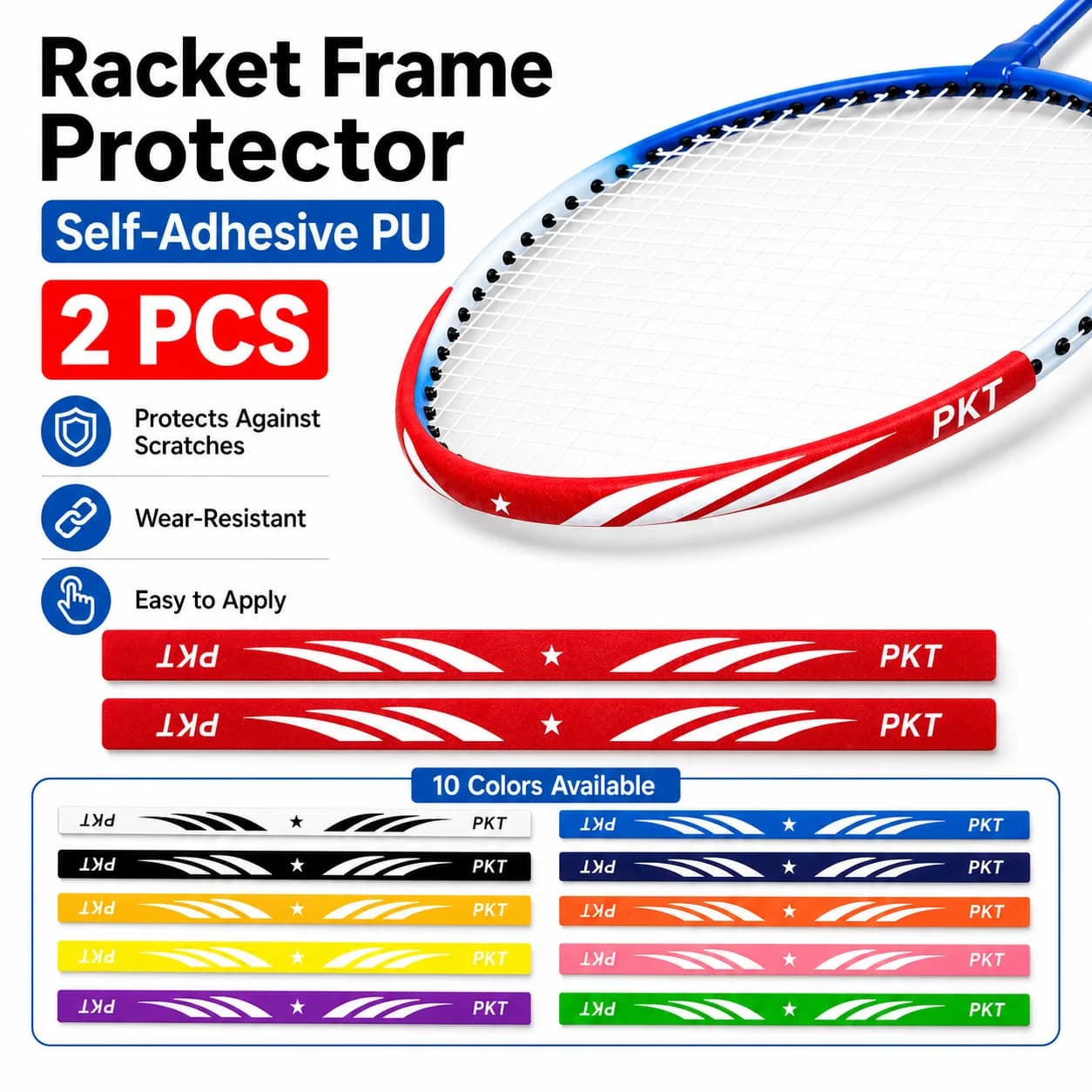 2Pcs Badminton Racket Frame Protector Tape PU Self Adhesive Edge Guard for Badminton Tennis Racket Head Scratch Cover Strip Film