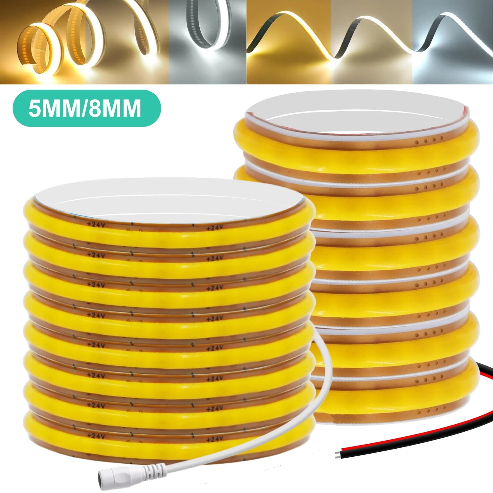 Striscia LED COB PCB 5MM 8MM Tagliabile con Cavo a 2 Pin o Connettore DC Femmina 12V 24V 400 LED ad Alta Densità, Illuminazione Lineare Luminosa