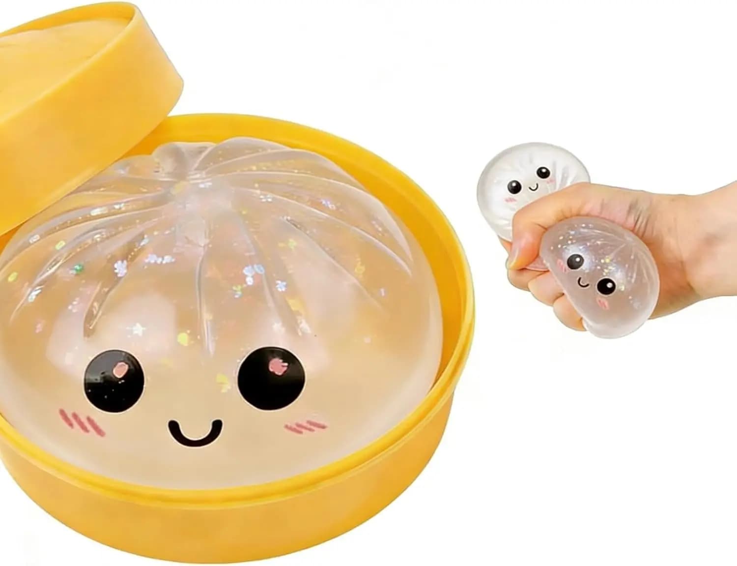 Glitter Dumpling, Squishy a Forma di Raviolo con Scatola, Giocattolo Sensoriale Antistress (Bianco)