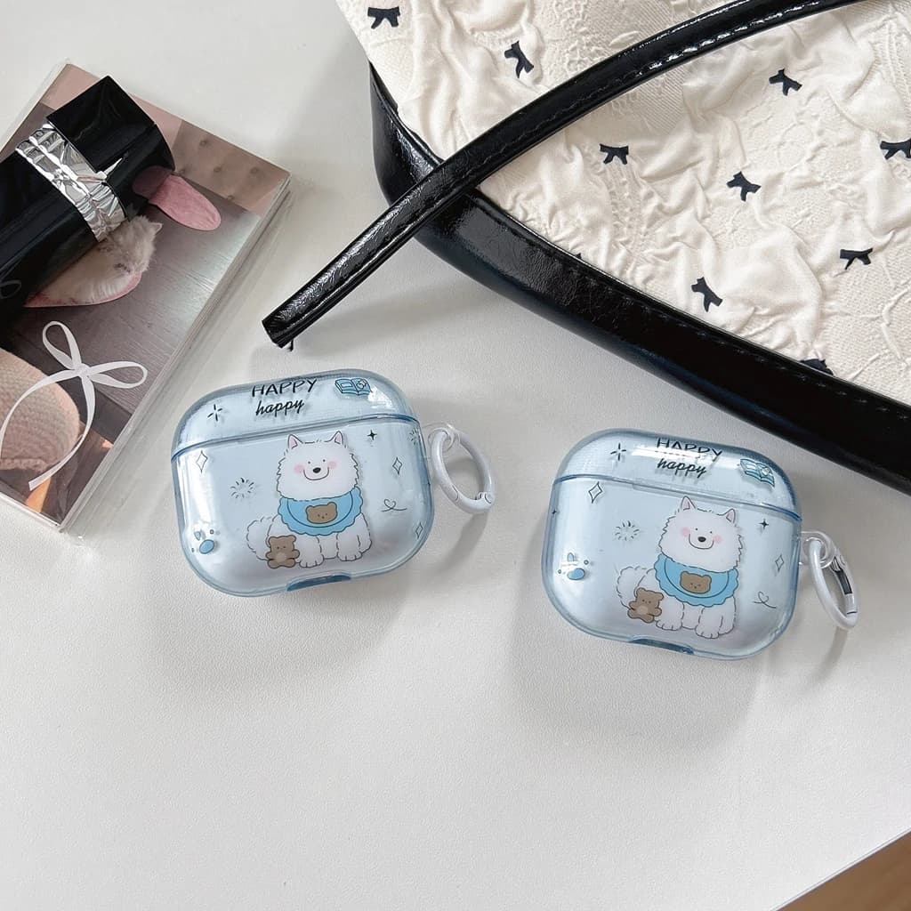 Custodia Protettiva Antiurto Trasparente Lucida con Gancio a Forma di Cucciolo Bianco per Auricolari AirPods 1 o 2 3 4 Pro 2 Pro 3