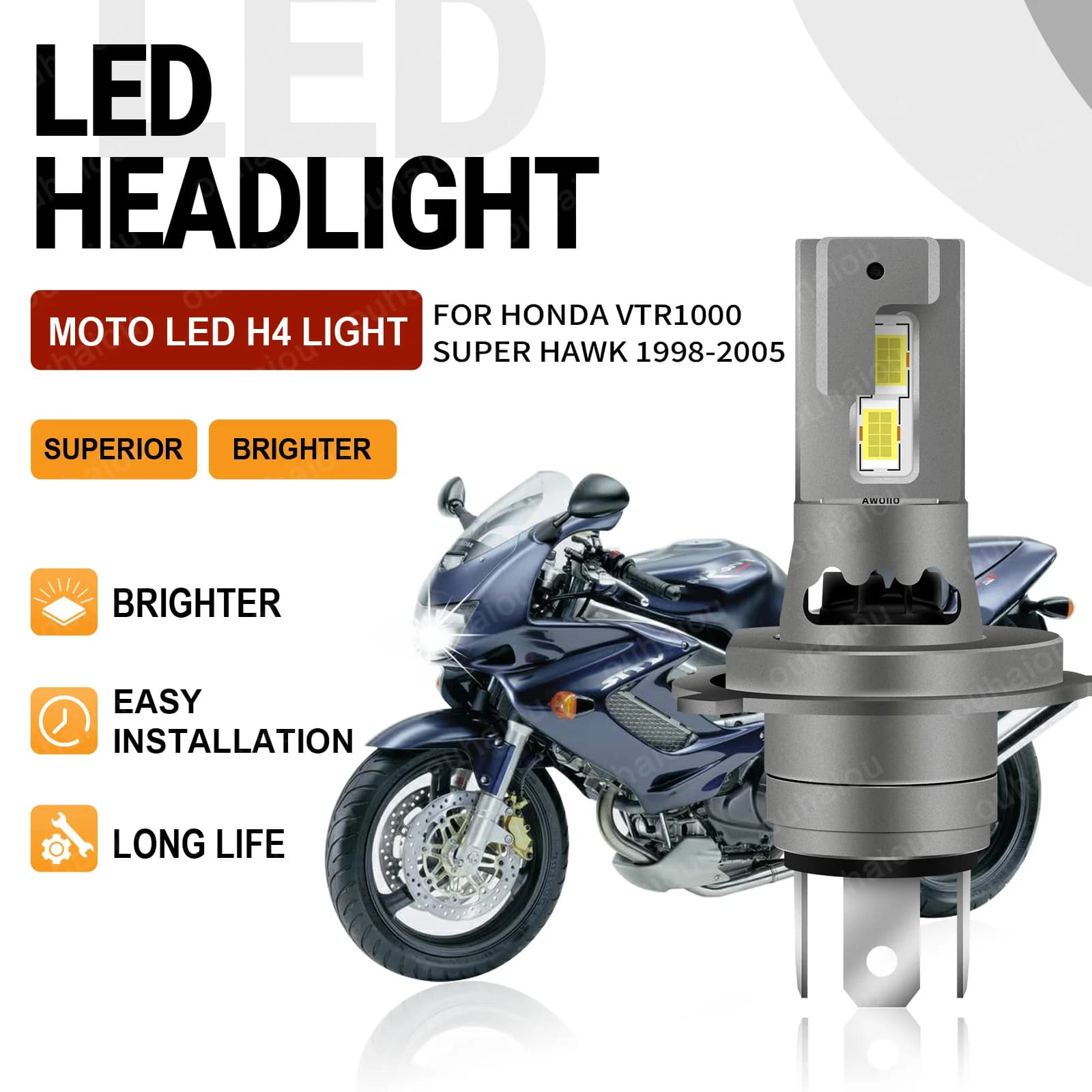 Per Honda VTR1000 Super Hawk 1998 1999 2000 2001-2005 1PCS Faro Del Motociclo Led H4 Super Bright Moto Bianco 6000K 12V