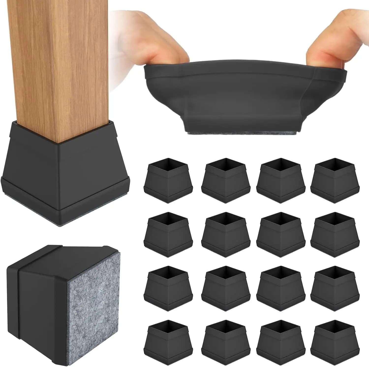 Confezione da 16 protezioni per gambe di sedie quadrate, coprigambe in silicone con feltro, antigraffio, 1,5 pollici, nero