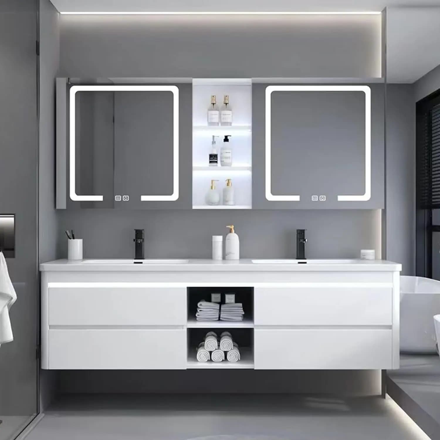 Mobile Bagno Moderno per Hotel &c con Specchio Illuminato a Parete, in Legno Ecologico, Facile da Pulire, Doppio Lavabo in Ceramica