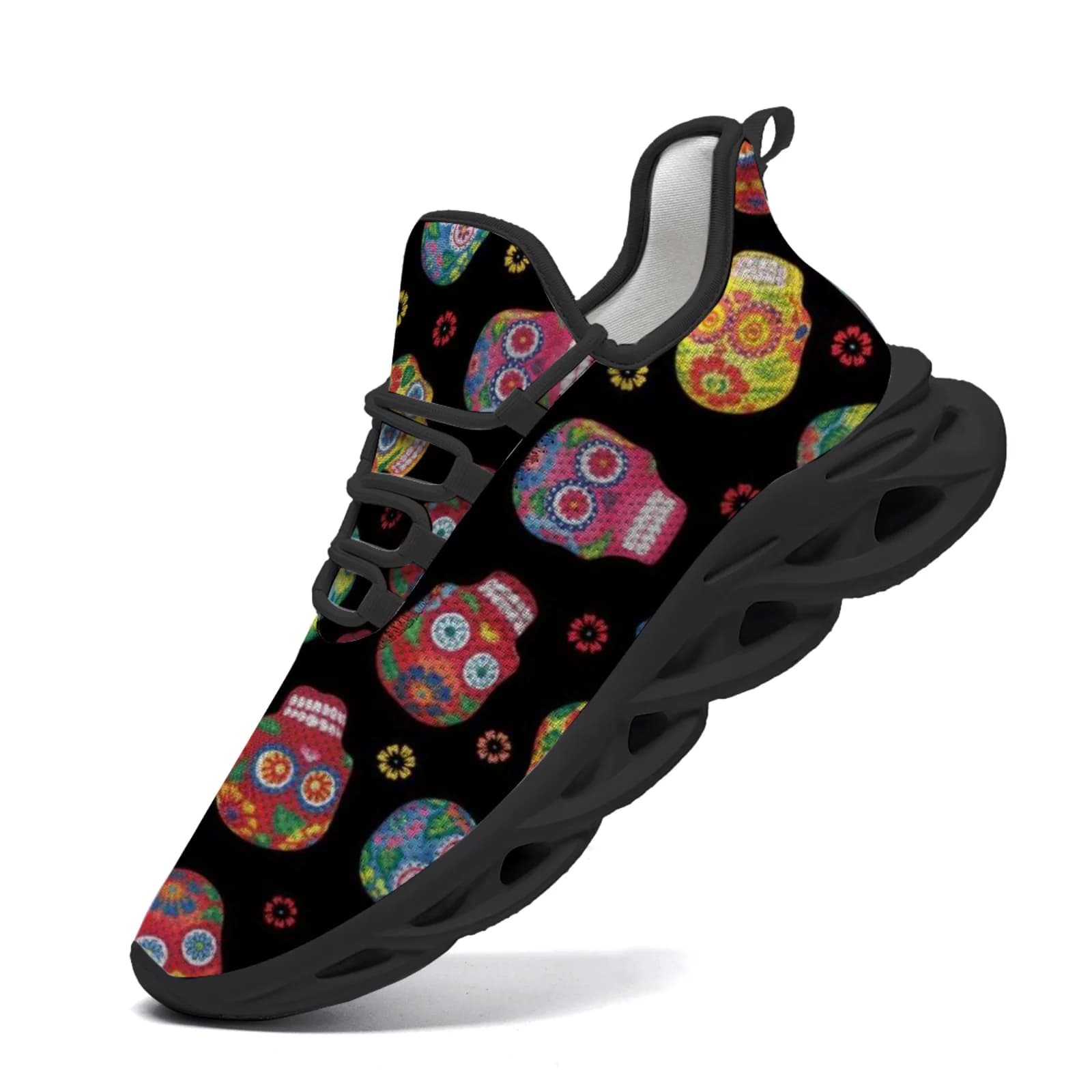 Scarpe sportive casual personalizzabili con teschio messicano, scarpe da corsa casual per giovani, scarpe in rete con lacci EUR36-48