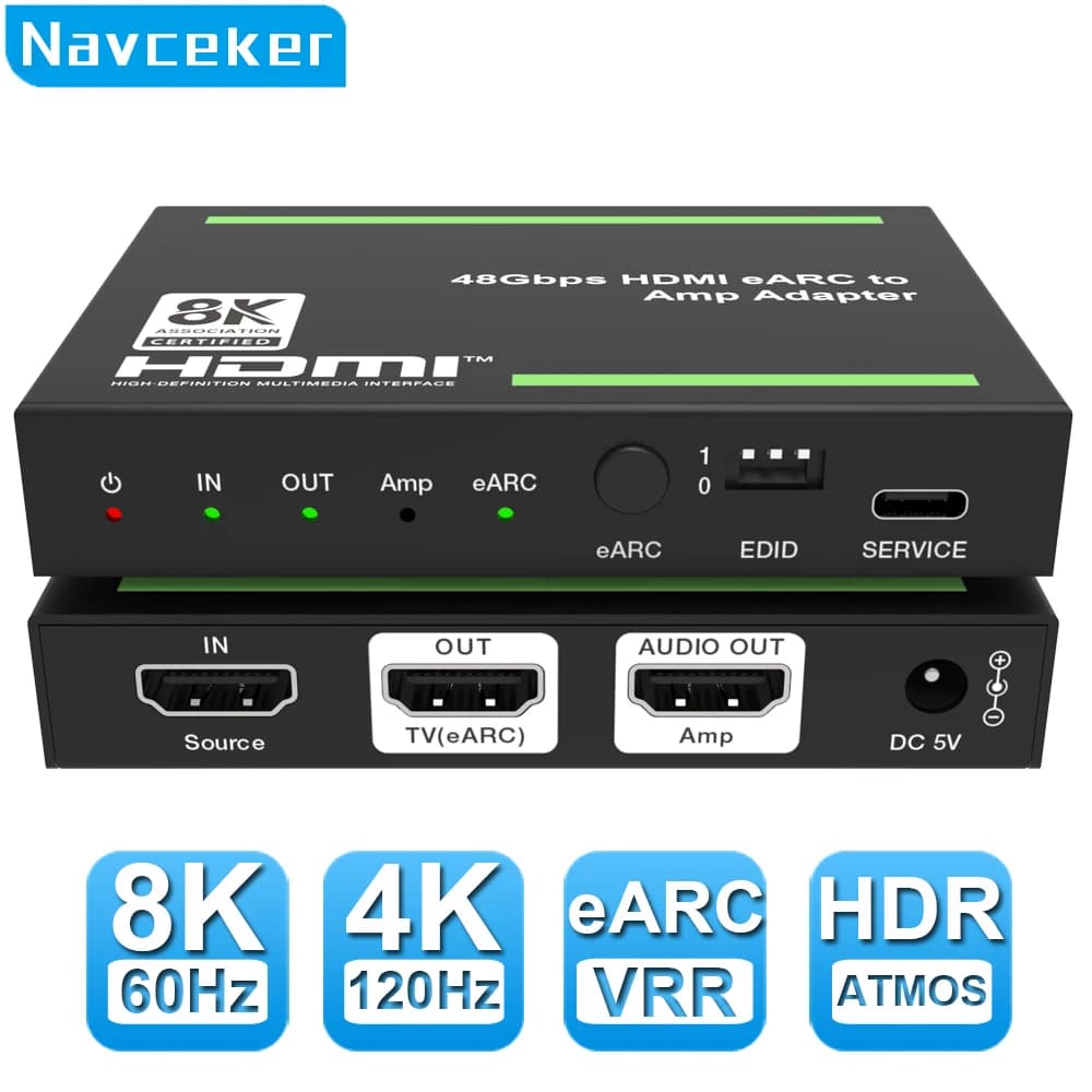 Navceke 4K 120Hz HDMI 2.1 Estrattore audio eARC 48 Gbps HDMI eARC Splitter 8K 60Hz Convertitore eARC per PS5 XBox X Sonos Soundbar