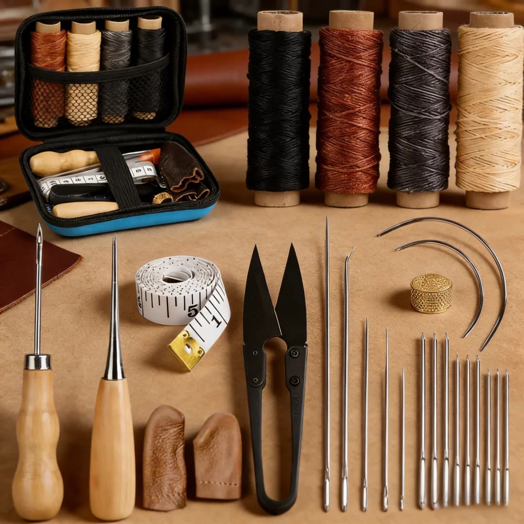 Kit di Riparazione e Lucidatura per Pelle, Set di Strumenti per Lavorazione del Cuoio, Kit per Cucire, Punzoni, Incisione e Scanalatura, Set di Utensili Fai-da-Te