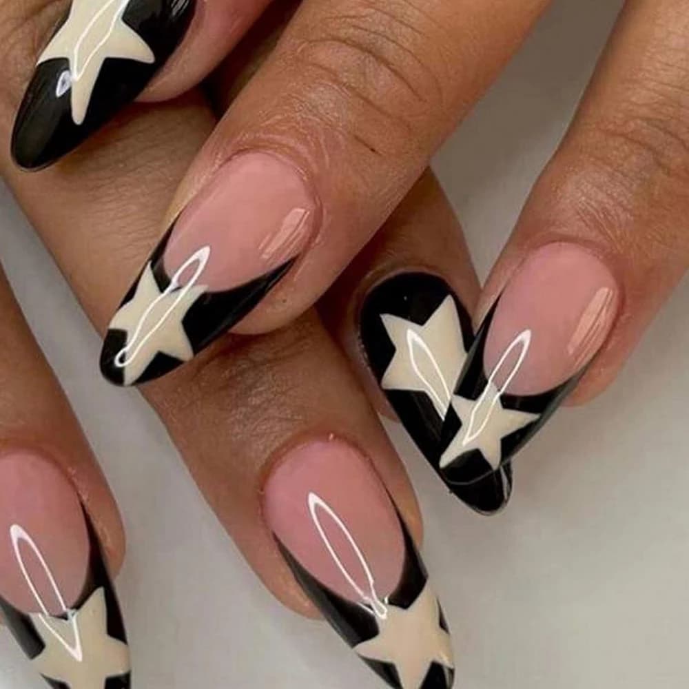 ARTAUG 24 pezzi a spillo medio rosa nero punta francese stampa sulle unghie modello stella glitter stampa sulle unghie