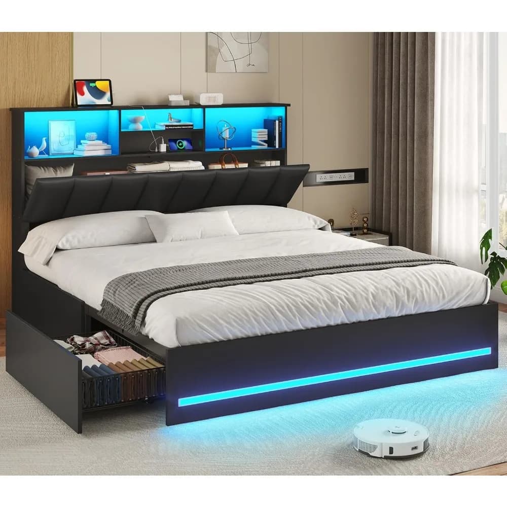 Struttura Letto con Testiera Libreria, Struttura Letto in Legno con Stazione di Ricarica, Cassetti Portaoggetti e Luci LED, Personalizzabile