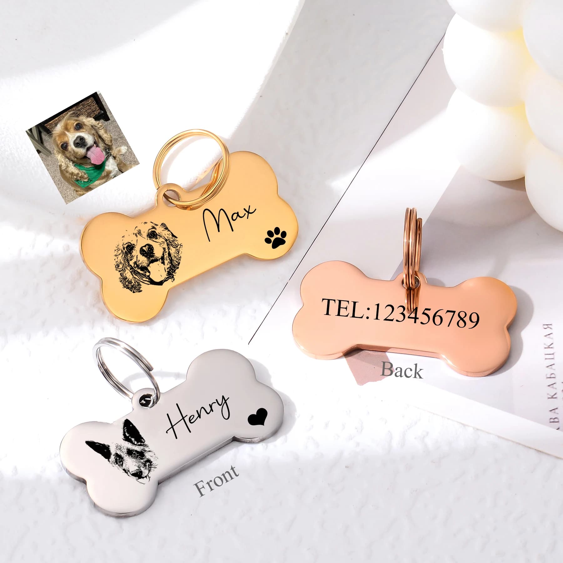 Portachiavi Personalizzato a Forma di Osso per Cani, Incisione Ritratto Animale Domestico Nome Targhetta Telefono, Gioielli in Acciaio Inossidabile, Ciondolo Anti-Smarrimento per Collare Gatto/Cane, Regalo