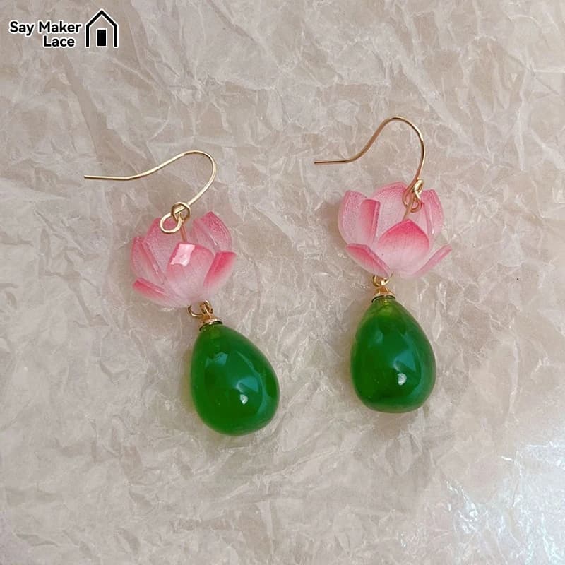 1Pair Unique Exquisite Lotus Earrings Elegant Pink Flower Asymmetric Drop Stud Earrings For Women VintageJewelry Accessories