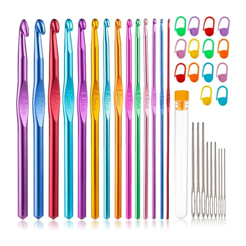 Set di 37 uncinetti in alluminio con 14 segnapunti (colore casuale) e 9 aghi a punta tonda con occhiello grande, kit di aghi da maglia
