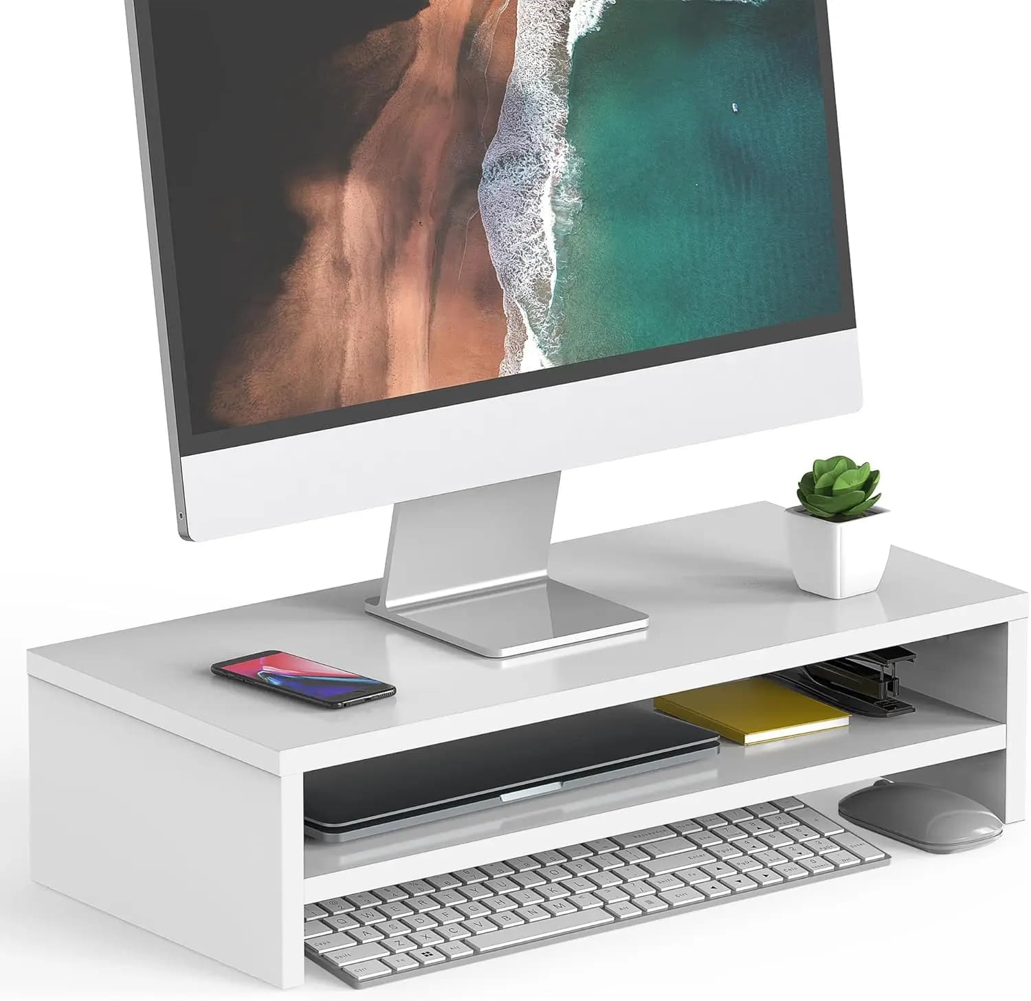 Supporto per Monitor - Rialzo per Monitor a 2 Livelli con Ripiano da 21,3 Pollici, Supporto da Scrivania in Legno per Schermo di Computer Portatile, Organizzatore da Scrivania
