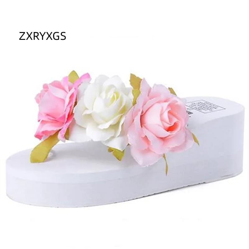 ZXRYXGS Summer Outdoor Wear Thick Soled Wedges Slipper Women Sandals 2025 Summer Non-slip Flip-flops Classic Flowers Shoes Tide