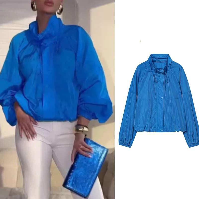 2026 Summer New Blue Pleated Drawstring Buckle Decorative Nylon Loose Jacket Casual Fashion Outdoor Coat