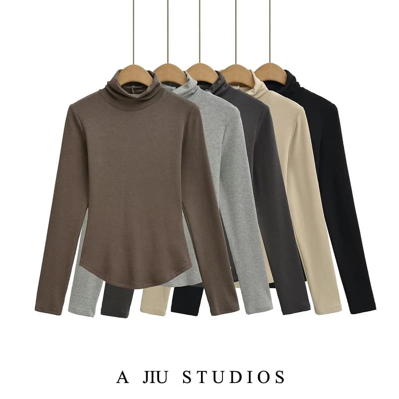 Maglietta Slim Fit a Maniche Lunghe con Collo Alto e Vita Alta, T-Shirt Base Colorata da Donna, Stile Street, Moda Autunnale