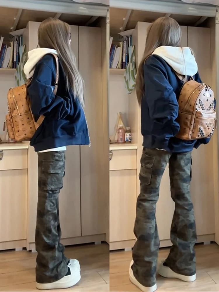 Jeans Micro Flared Foderati in Pile Camouflage Uomo Donna Primavera Slim Fit Vita Bassa Vintage per Statura Piccola