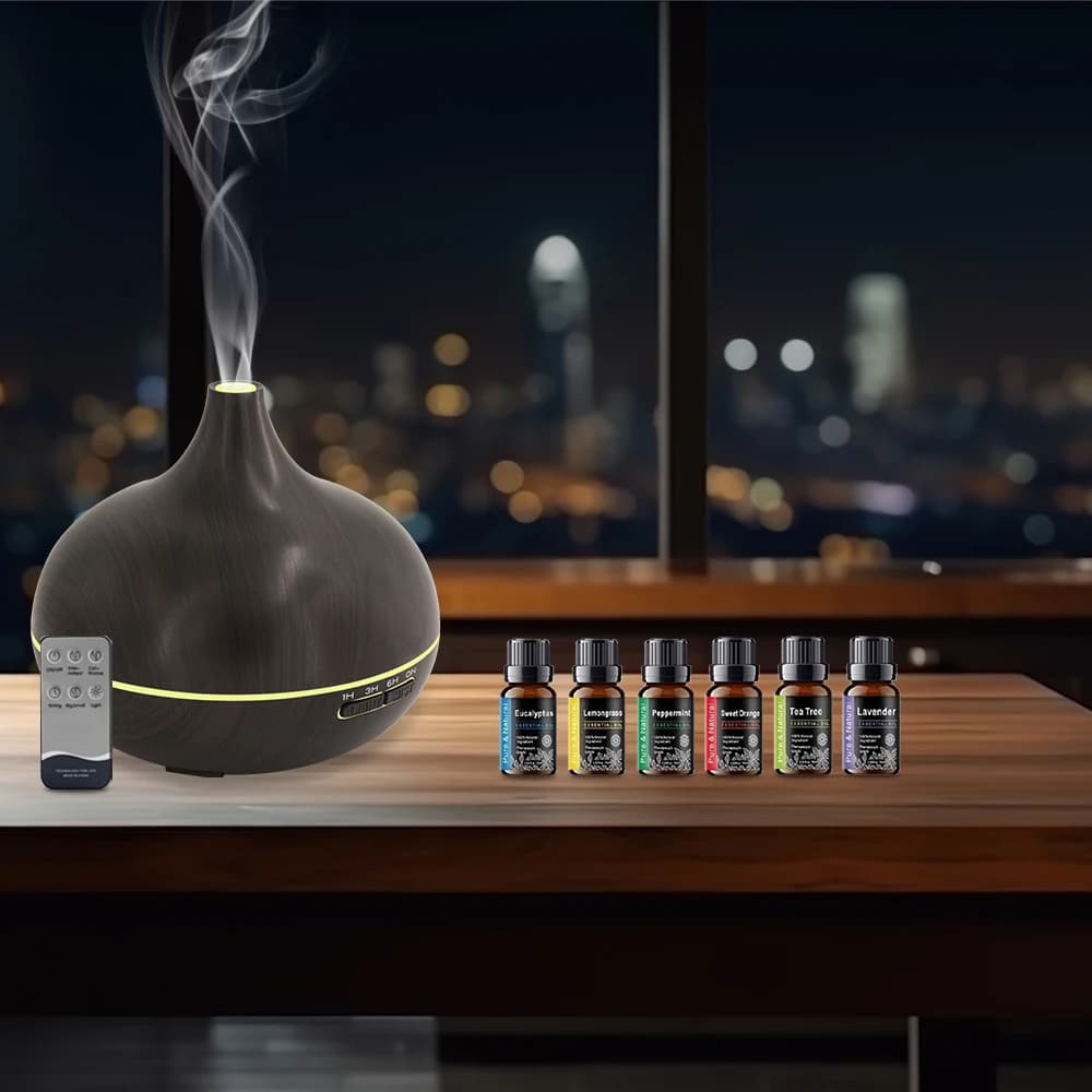 Umidificatore ad ultrasuoni per aromaterapia per la casa Diffusore di oli essenziali con venature del legno da 550 ml con telecomando e 6 oli inclusi