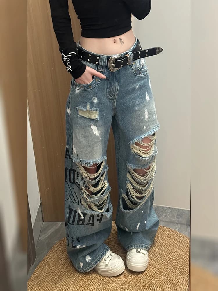 Street Style American Hot Girl Design Sense Hole Denim Jeans Women Summer New Old Print Splashed Ink Long Pants Loose Fit