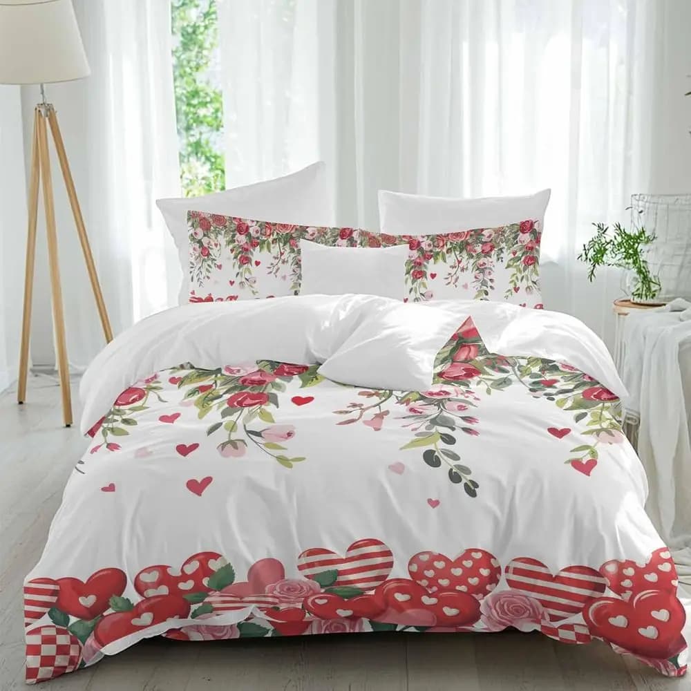 Set di lenzuola per San Valentino, rose rosse e rosa acquerello, motivo floreale a righe rosse, cuore d'amore, 4 pezzi, set copripiumino traspirante.