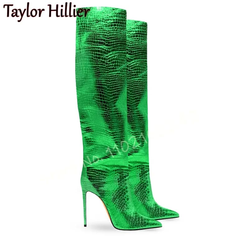 Stivali dritti con stampa serpente verde Stivali al ginocchio slip-on con punta a punta da donna Stivali lunghi da cena casual da discoteca alla moda