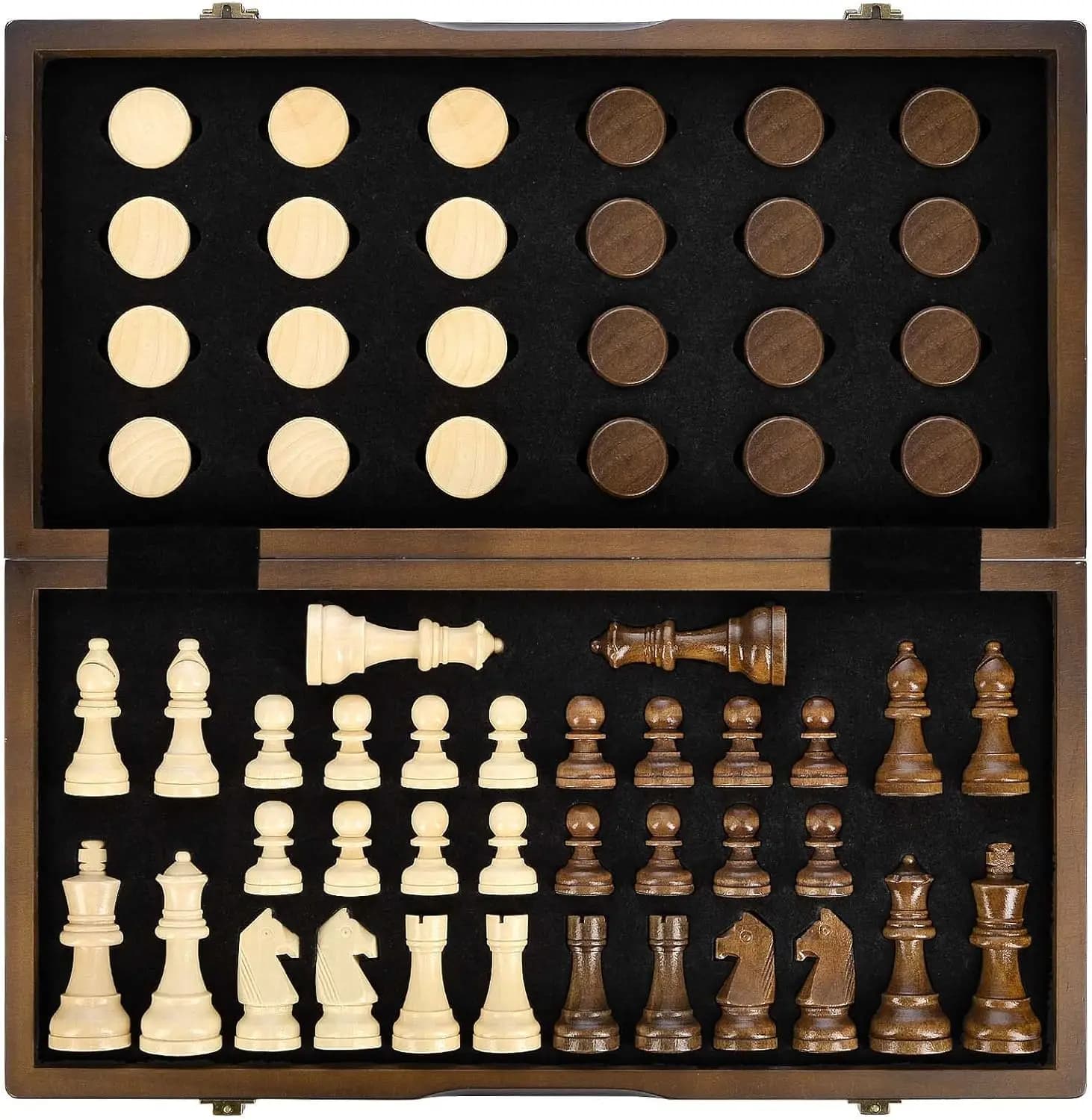Magnetic Wooden Chess & Checkers Set, 15 Inch 2-in-1 Board Game with Extra Queens, Folding Storage, Beginner Friendly