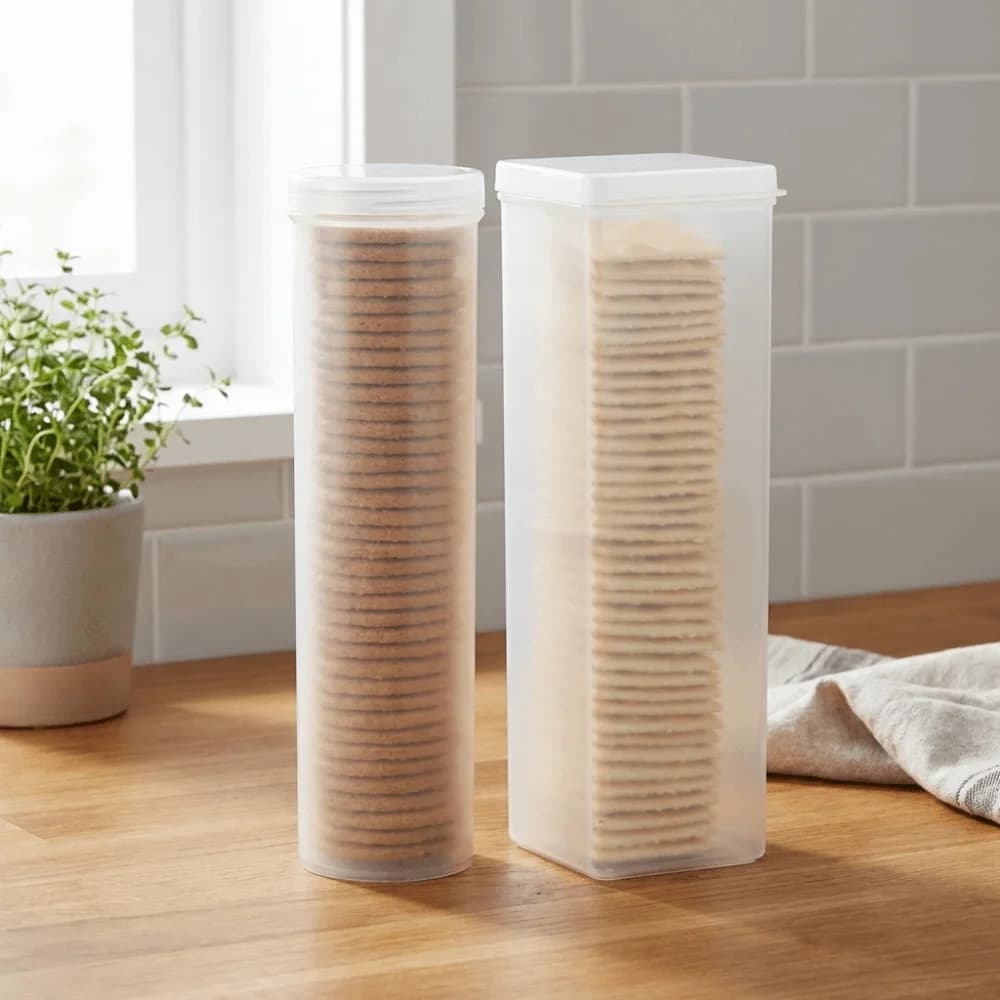 2 contenitori in plastica per biscotti, trasparenti, rotondi/rettangolari, con coperchio, salvaspazio, per la conservazione di spezie.