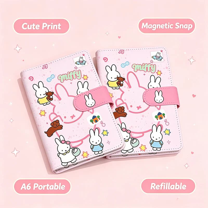 Miffy Kawaii Pink Cartoon Print A6 Pu Loose Leaf Notebook Magnetic Snap Detachable Refillable Hand Account Diary Planner