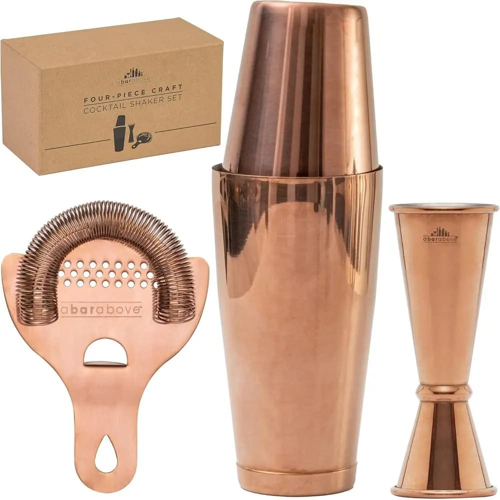 Set da Cocktail in Rame Anticato da 4 Pezzi - Kit Professionale per Barman con Shaker Boston, Colino e Jigger per Preparazioni Perfette