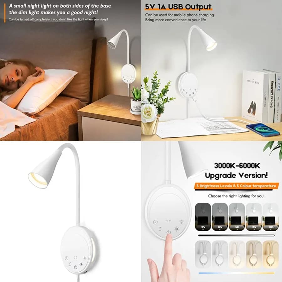 Lampada da Lettura a LED da Parete, Luce per Leggere a Letto con Controllo Touch, 5 Livelli di Luminosità, Uscita USB, Luce Notturna e Timer