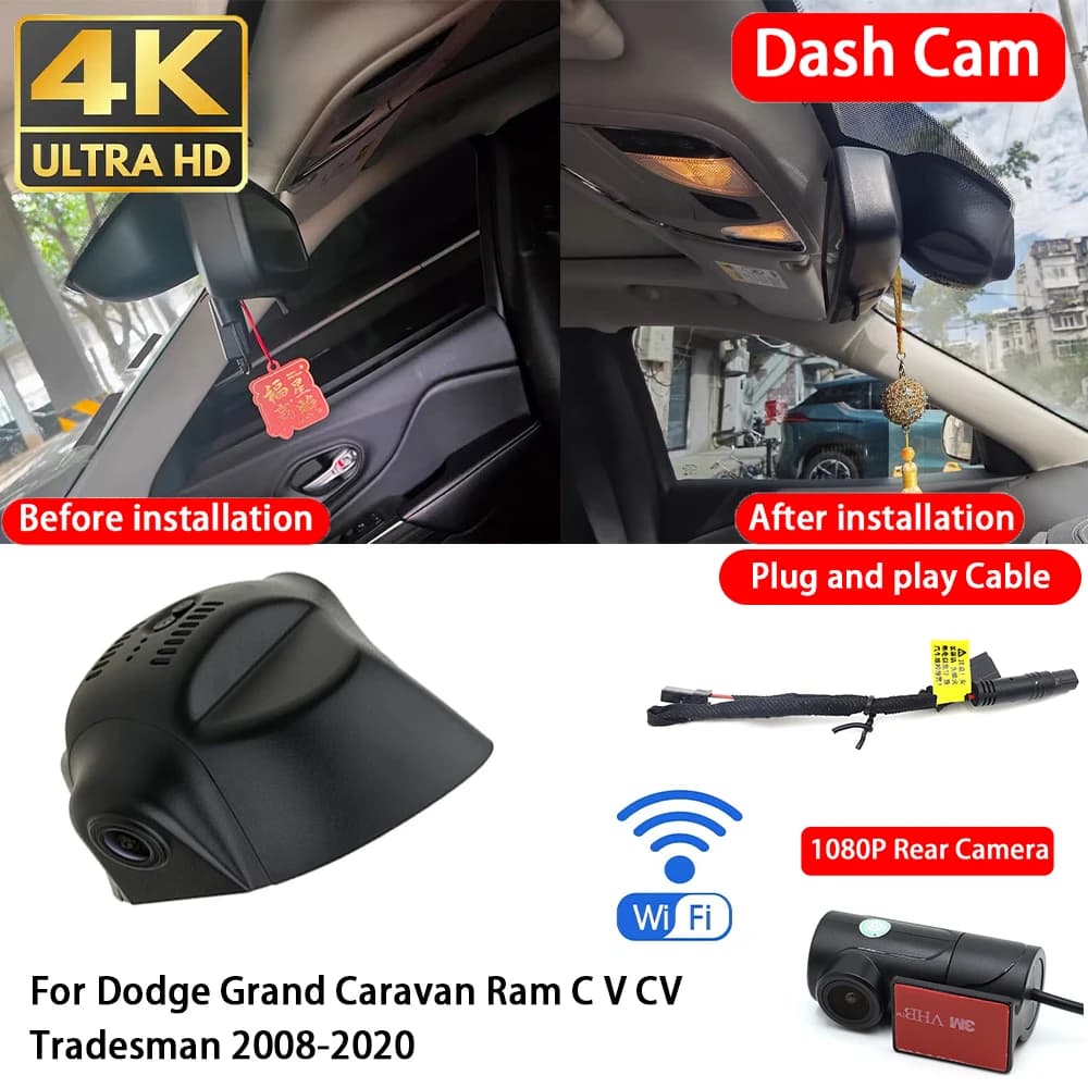 for Dodge Grand Caravan Ram C V CV Tradesman 2008-2020 4K Dash Cam Front Rear Car Camera DVR Wifi Plug & Play Video Recorder