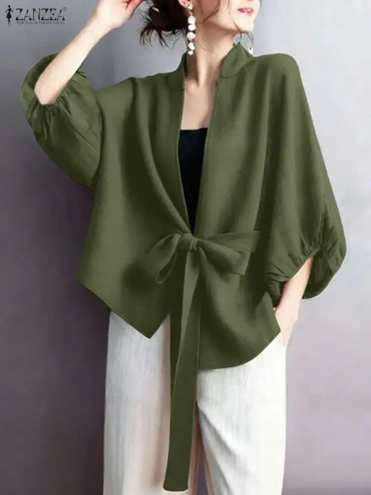 2025 ZANZEA Elegant V-neck cardigan lantern shirt autumn women top elegant solid OL casual work blouse with laces Blusas