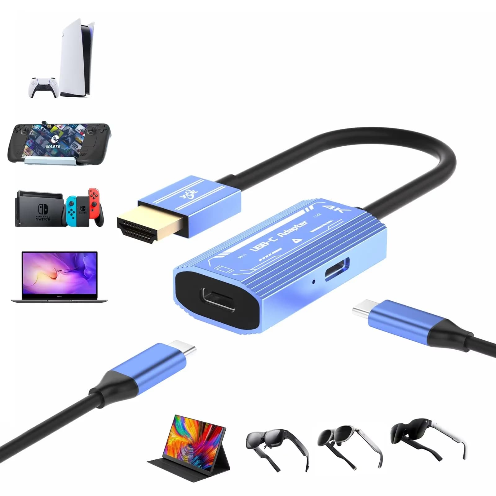 HDMI cable compatible with type C 4K 60Hz, multi-device DC5V charging adapter for AR XREAL/Rokid Air glasses for Samsung Switch ROG