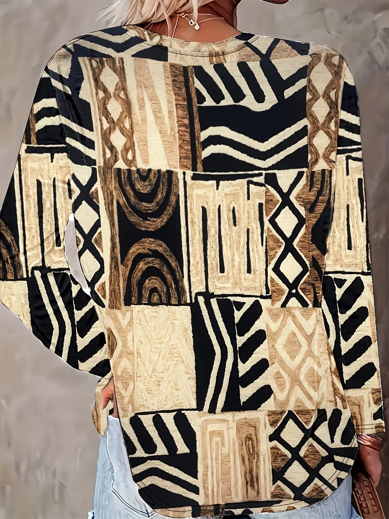Women Bohemian Geometric Patchwork Print Long Sleeve Top Crew Neck Casual Loose Blouse Shirts