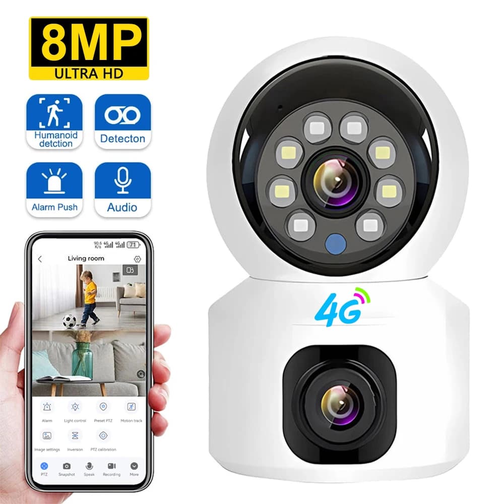 Telecamera IP SIM 4G Wireless Dual Lens Visione notturna Baby monitor da interno Rilevamento umano Video bidirezionale Camara Protezione di sicurezza CCTV