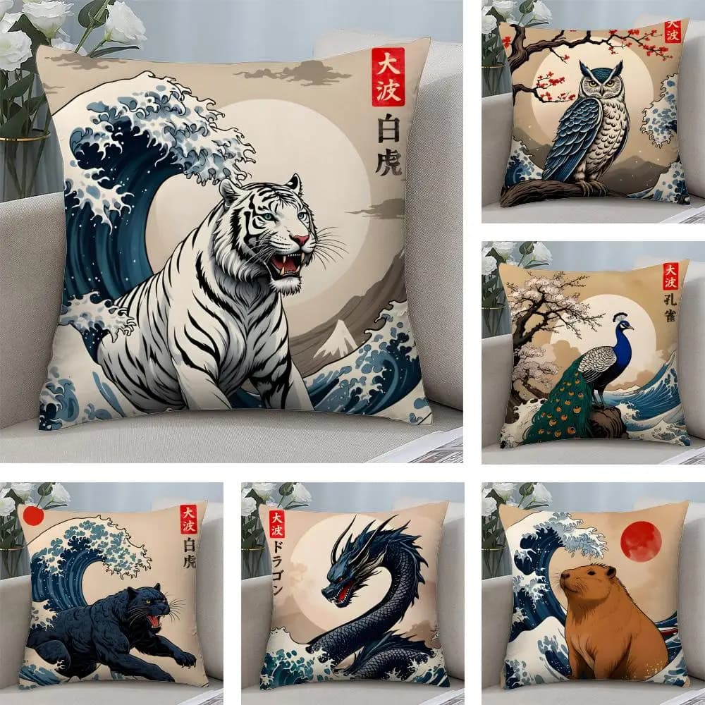 Fodera per cuscino Great Wave Katsushika Hokusai, in peluche corto, stampa fronte-retro, quadrata, per divano, decorazione per la casa