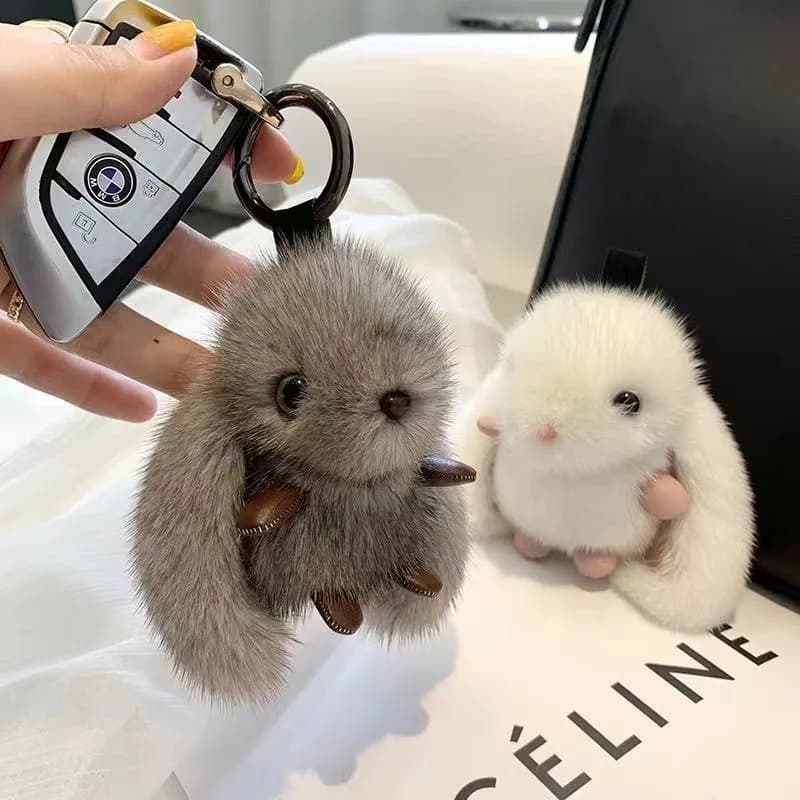 Portachiavi da donna in morbida pelliccia sintetica a forma di coniglio, grazioso ciondolo in peluche per auto, accessorio di moda quotidiano per borsa