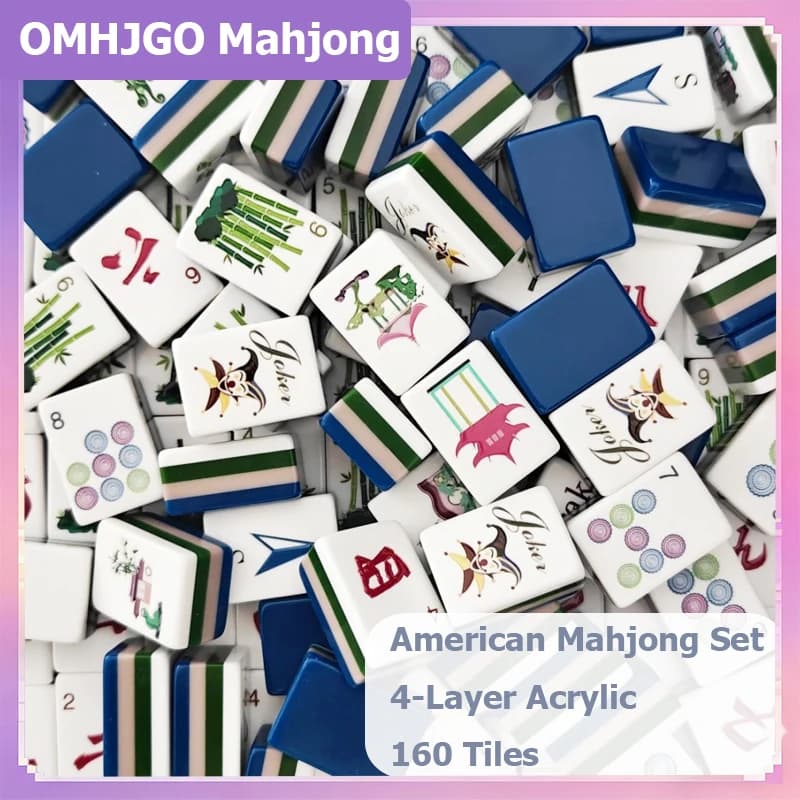 OMHJGO Luxury Engraved Mahjong Set 160 Tiles Navy Blue American Mahjong Sets 4-Layer Acrylic Portable Mah Jongg Game Adult Gifts