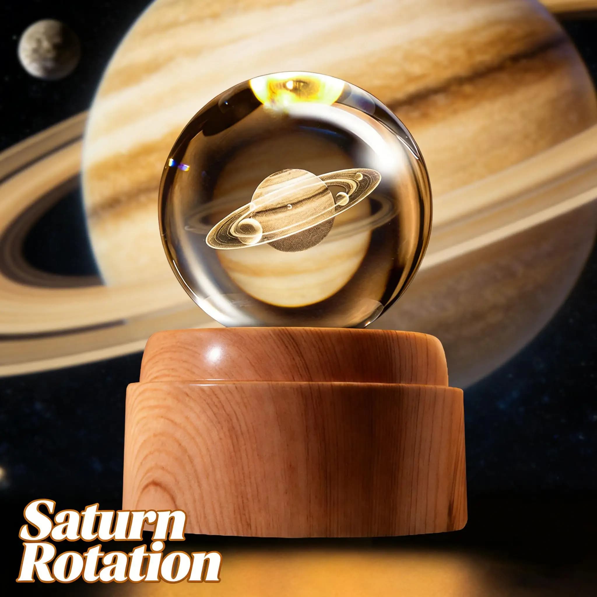 3D Laser Engraved Saturn Crystal Ball Night Light 6cm Glowing Planet Glass Sphere with LED Rotating Wooden Base Astronomy Space Physics Science Desk Lamp Home Bedroom Decor Creative Birthday Gifts for Kids Men Women