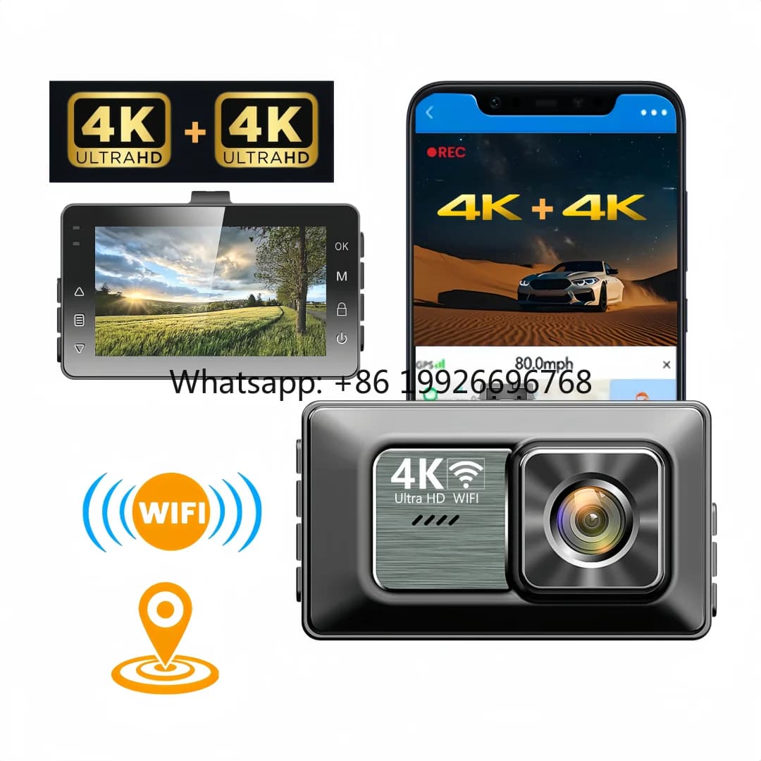 Dash Cam per Auto 3 Pollici 4K+4K, Mini Telecamera Doppia con Wifi e GPS, Registratore FHD 3840*2160P Anteriore e Posteriore con App