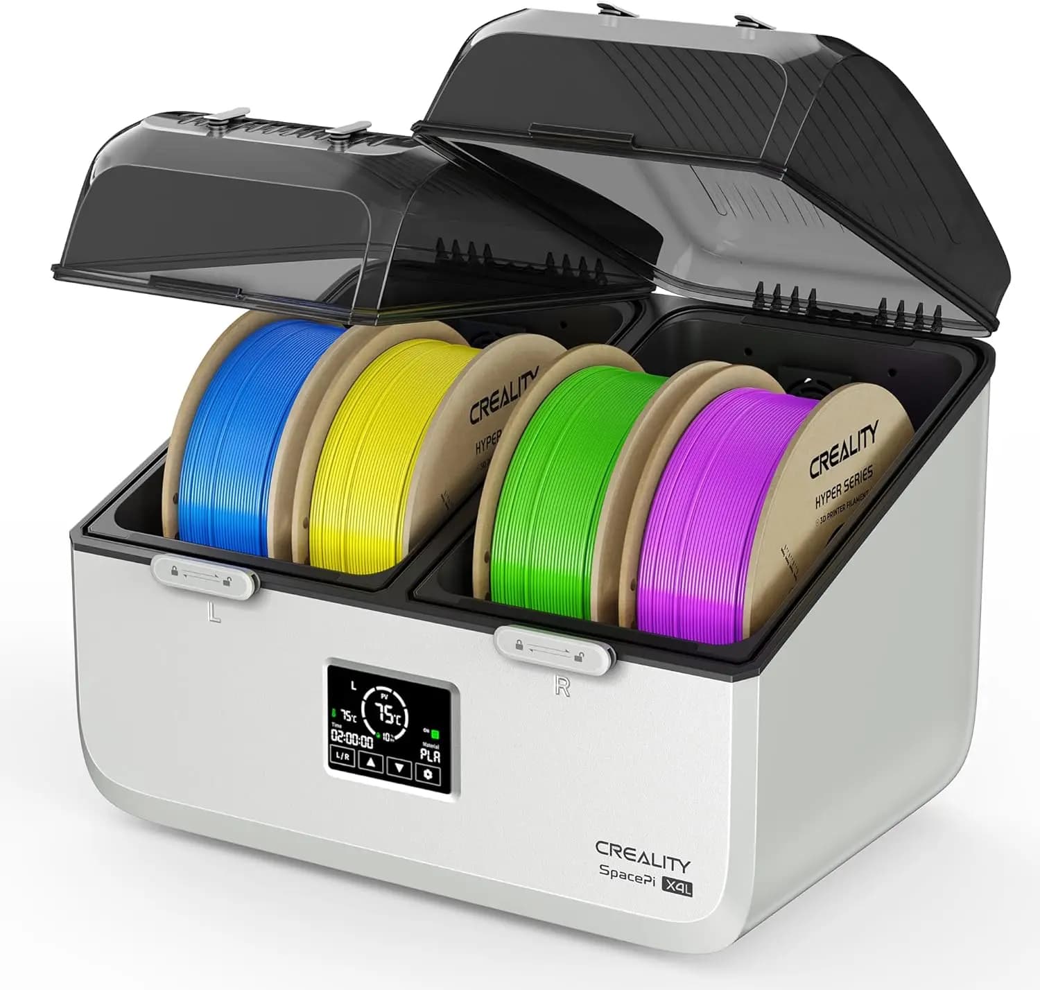 Asciugatrice per filamenti a 4 bobine, con doppie camere indipendenti, 75 ° Deumidificatore Intelligente ad Alta Temperatura per PLA/PETG/TPU/ABS