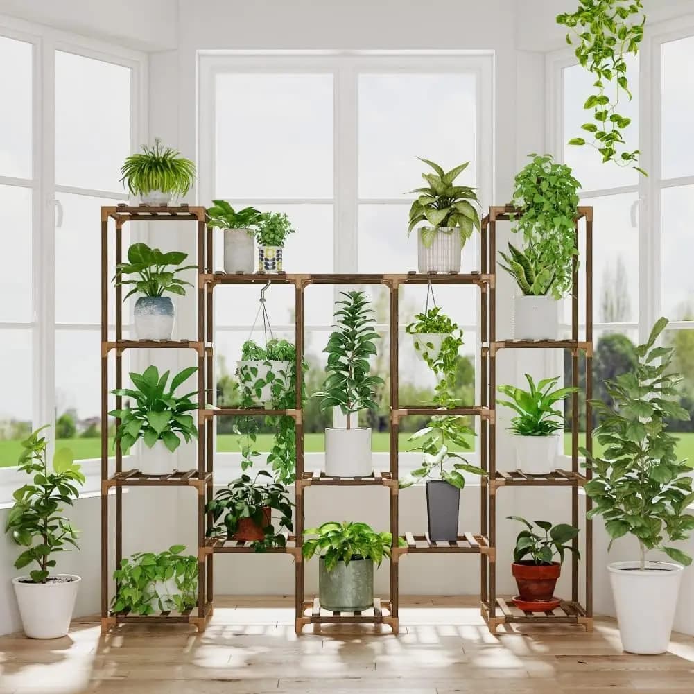 Large support for suspended plants with 14 vessels, high shelf for indoor and outdoor living room, patio, balcony, garden