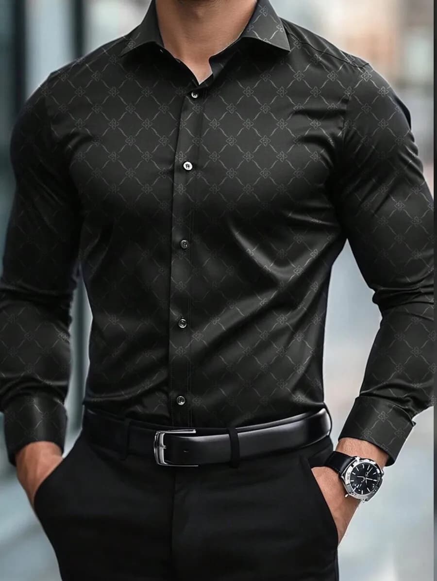 Camicia elegante da uomo slim fit a maniche lunghe con bottoni e motivo geometrico, nera