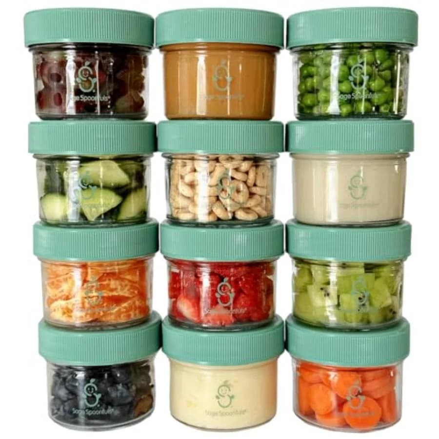 Sage Spoonfuls - Confezione da 12 Barattoli in Vetro da 4 oz per Alimenti per Bambini con Coperchi - Contenitori Riutilizzabili a Prova di Perdite per Conservazione in Freezer