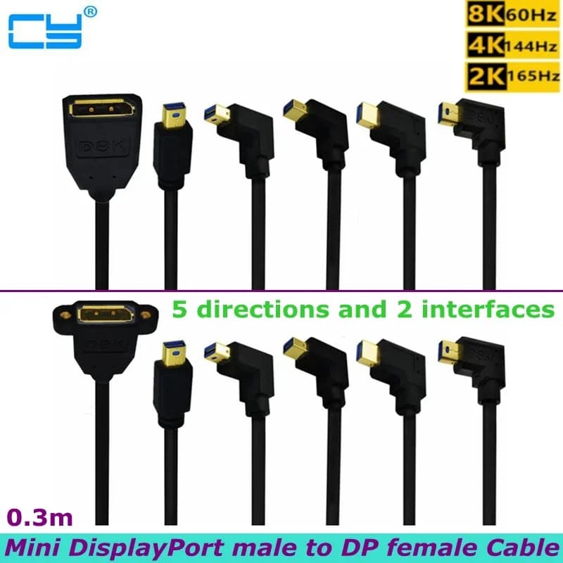For Display Projectors, Laptops, Cameras 8K/60Hz, 4K/144Hz 90 Degree Mini DisplayPort Male Pair DP Female With Nut Cable,