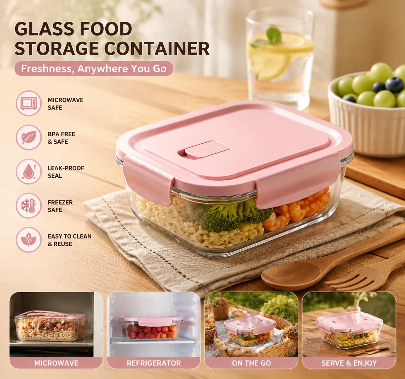 Contenitore per Alimenti in Vetro Rosa, Ermetico e Antiurto, Adatto per Microonde/Frigorifero, Effetto Polvere di Roccia, 2 Misure 650ml/1090ml