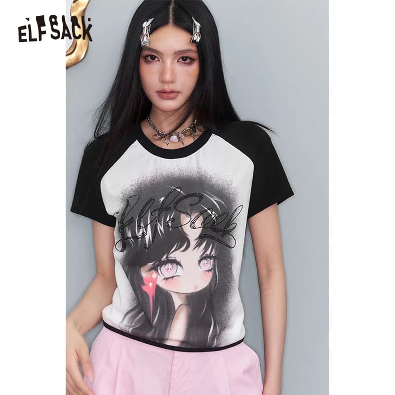 ELFSACK 2025 Estate Nuovo Arrivo Dolce Fresco Y2K Spalla Collisione Stampa a Colori T-Shirt a maniche corte da Donna Breve