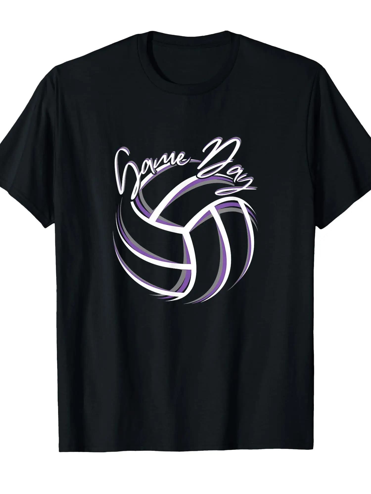 Purple and white t-shirt with volleyball pattern | Standard black version with round neckline, soft and comfortable.