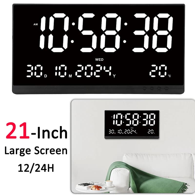 Orologio da Parete Digitale Grande 21 Pollici Alimentato USB con Calendario, Display 12/24H, Giorno/Mese/Anno/Temperatura, Sveglia Elettronica LED