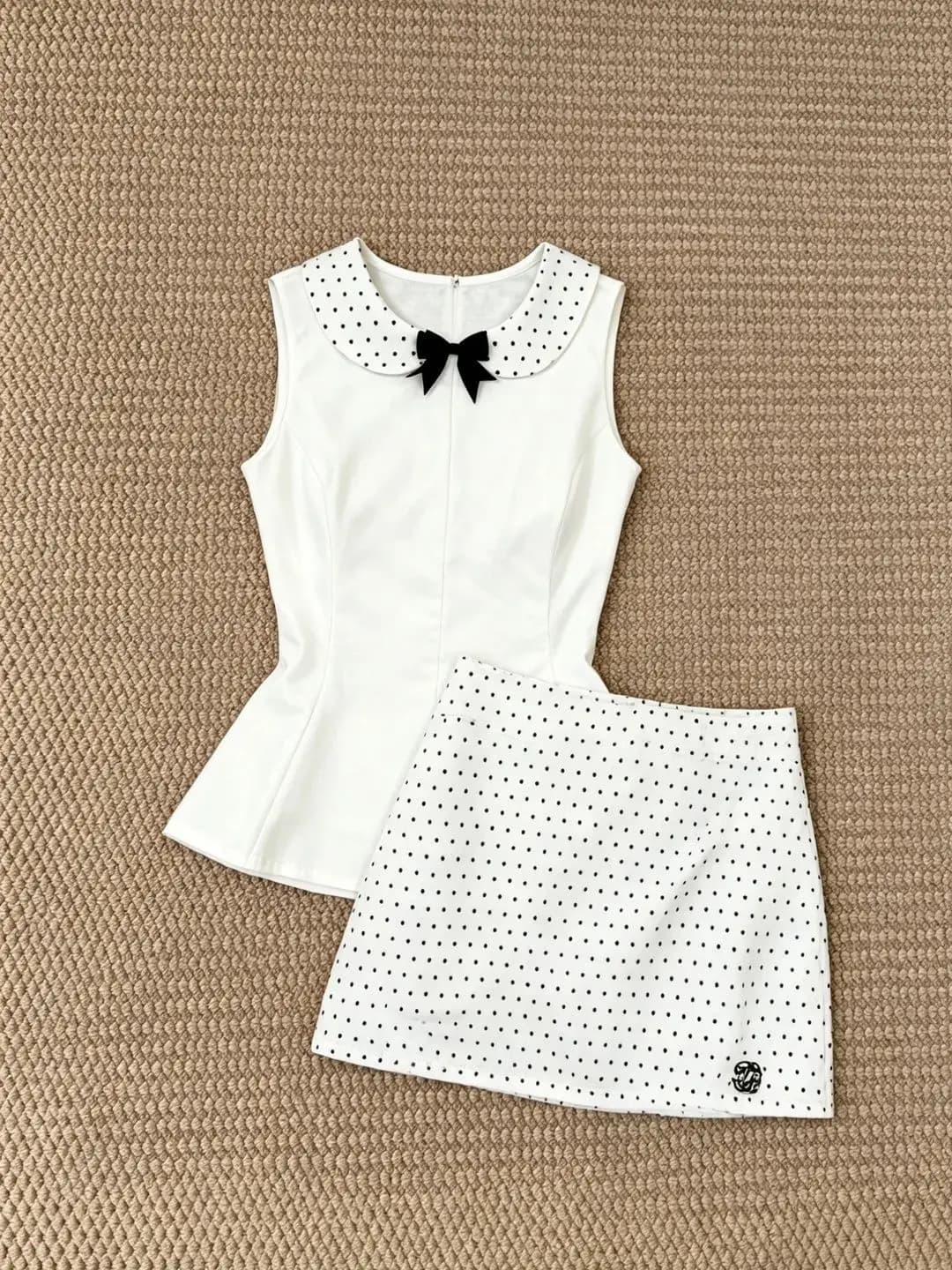 Summer Coquette Sweet Polka Dot Two Piece Set Women Sleeveless Peter Pan Collar Bow Crop Top High Waist Mini Skirt Korea Fashion