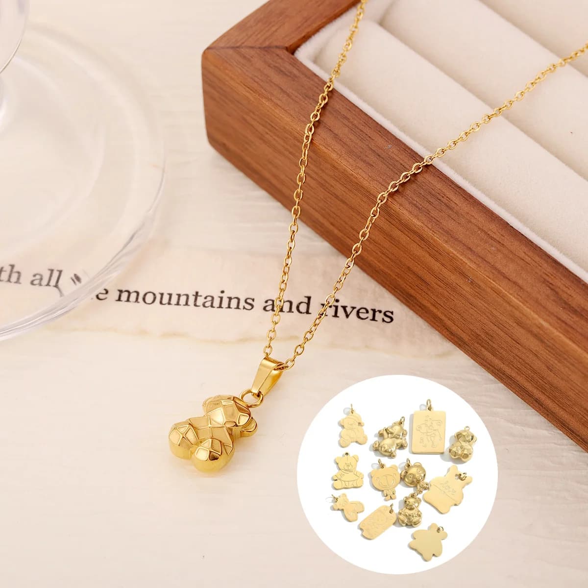 Ciondoli per orsacchiotto placcati in oro Ciondoli in acciaio inossidabile Collana con ciondolo Bracciale Orecchini Accessori per la creazione di gioielli fai-da-te